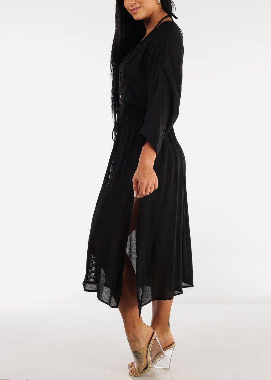Black Drawstring Maxi Kimono w Crochet Trim sold by Moda product image thumbnail 3