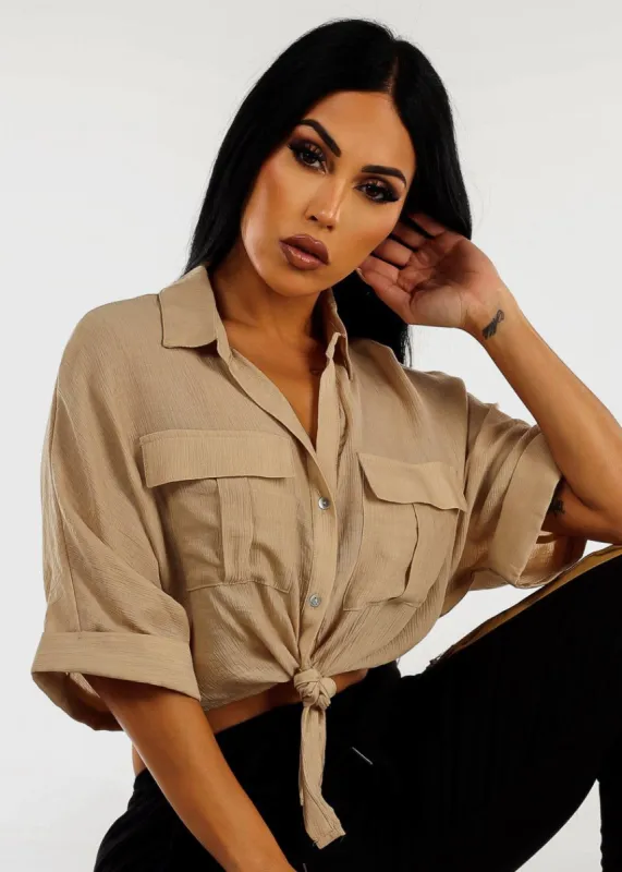 Short Sleeve Tie Front Button Up Cropped Shirt Beige sold by Moda