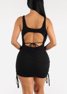 Sleeveless Open Back Ruched Mini Dress Black sold by Moda