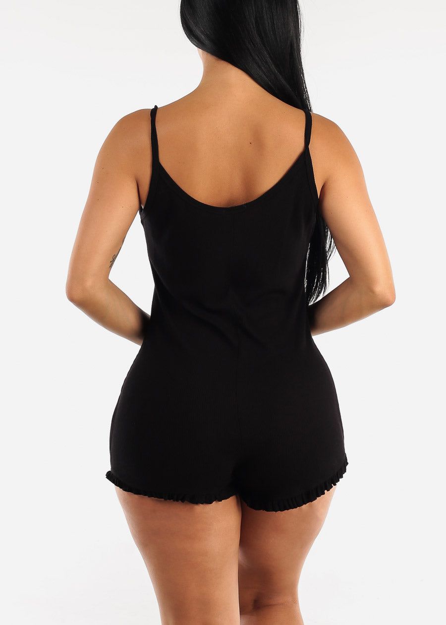 Black Sleeveless Thermal Cami Romper w Ruffle Hem sold by Moda product image thumbnail 4