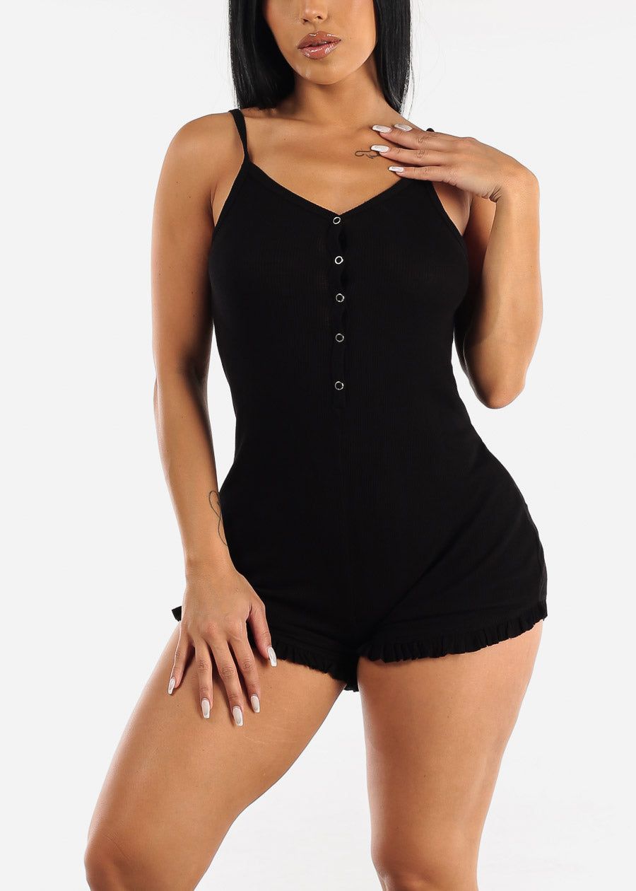 Black Sleeveless Thermal Cami Romper w Ruffle Hem sold by Moda