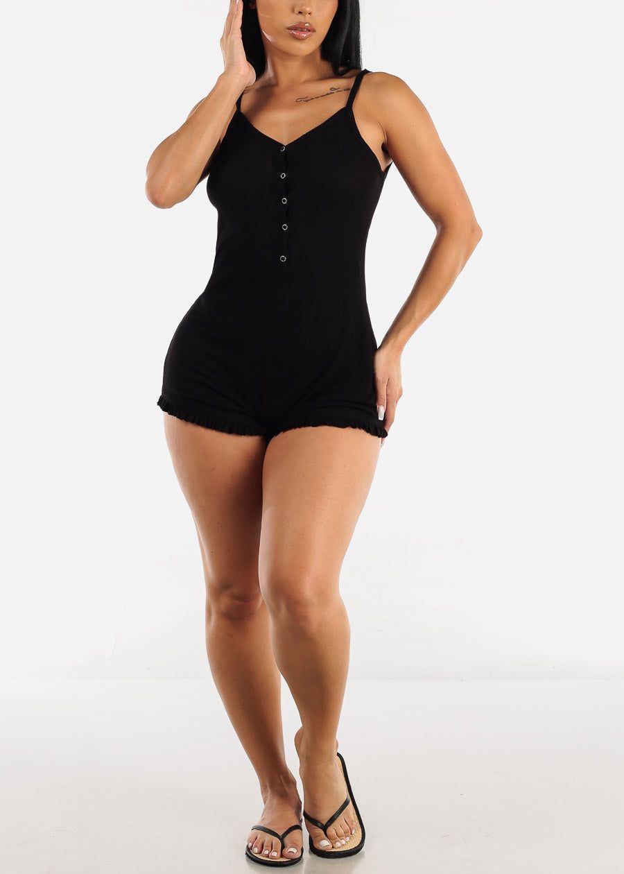 Black Sleeveless Thermal Cami Romper w Ruffle Hem sold by Moda product image thumbnail 2
