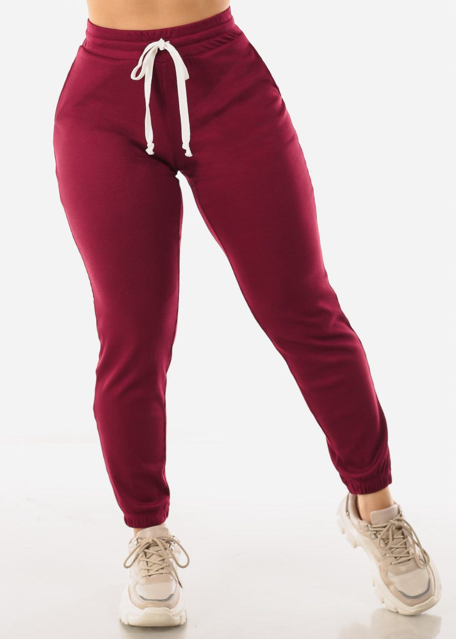 Casual High Waist Burgundy Jogger Pants sold by Moda