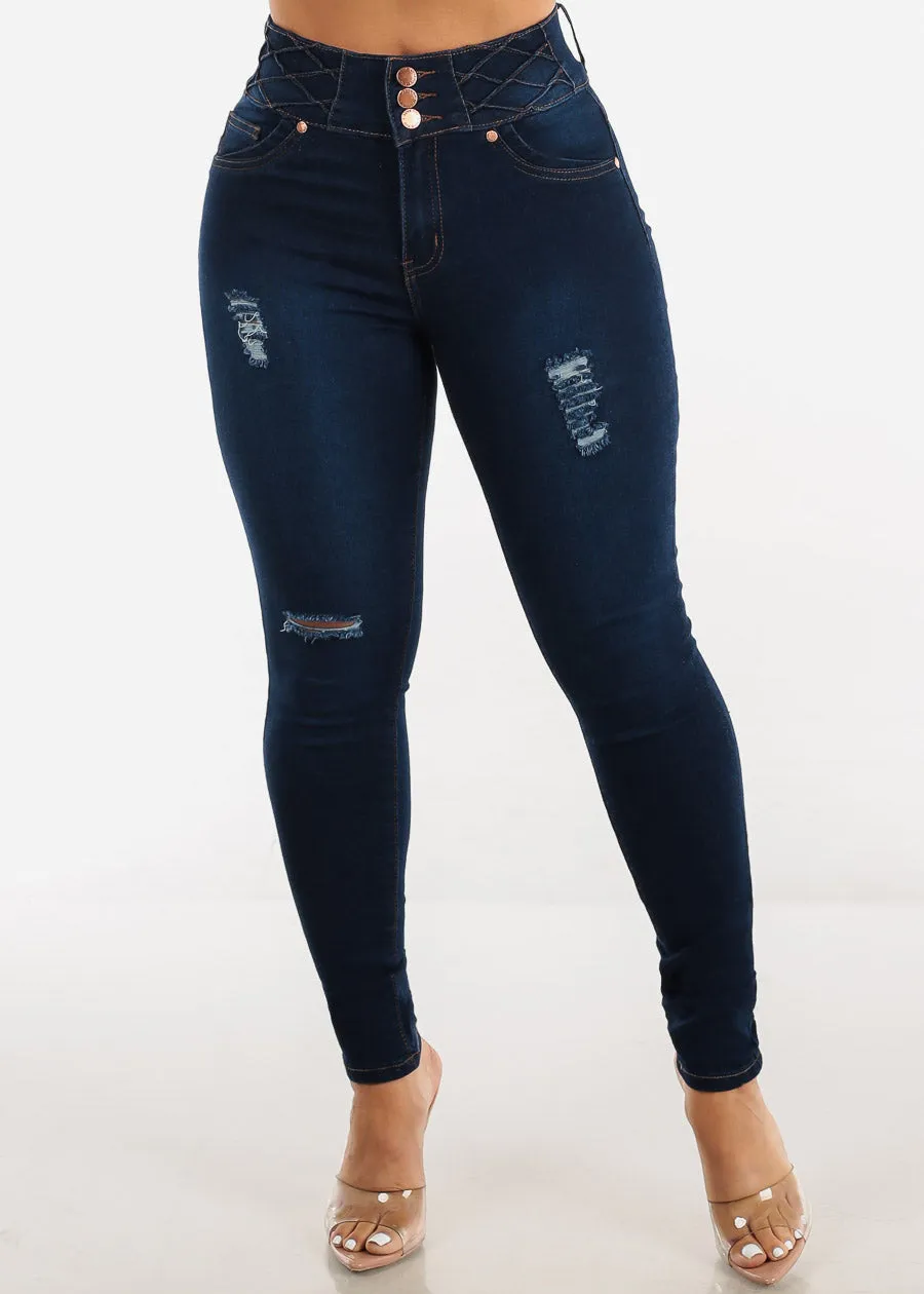 Butt Lifting High Waisted Distressed Dark Skinny Jeans sold by Moda product image thumbnail 3
