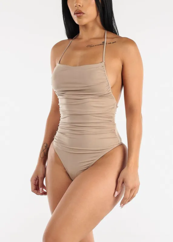 Halter Ruched Khaki Thong Bodysuit sold by Moda
