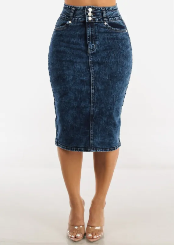 High Waist 3 Button Denim Pencil Skirt Sand Wash sold by Moda