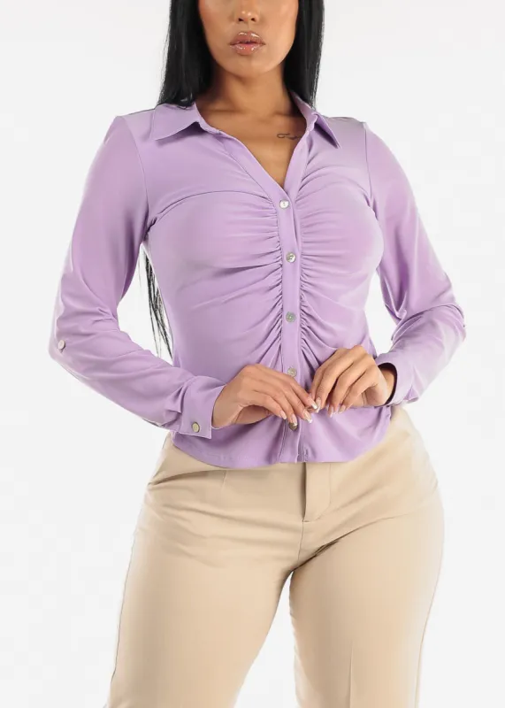 Button Down Collared Blouse Lavender w Ruched Front sold by Moda