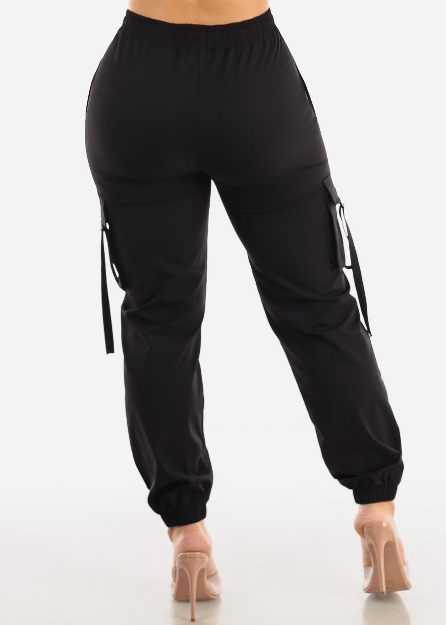 Black High Drawstring Waist Cargo Jogger Pants sold by Moda product image thumbnail 4