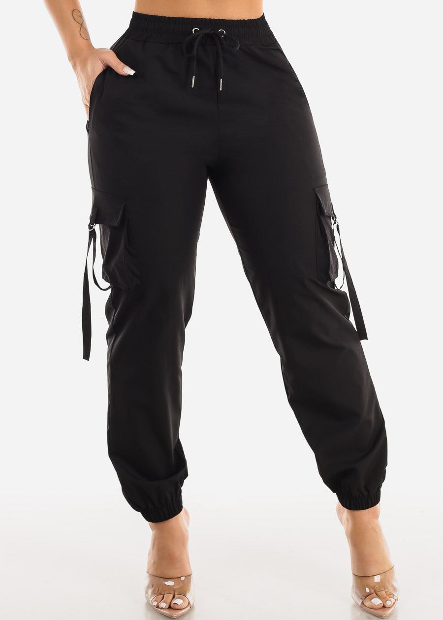 Black High Drawstring Waist Cargo Jogger Pants sold by Moda
