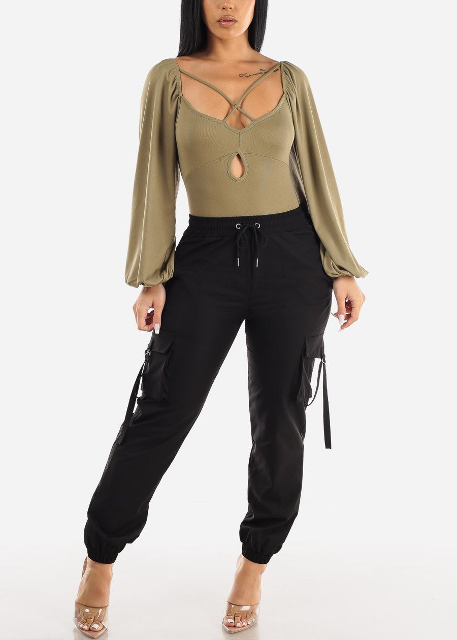 Black High Drawstring Waist Cargo Jogger Pants sold by Moda product image thumbnail 5