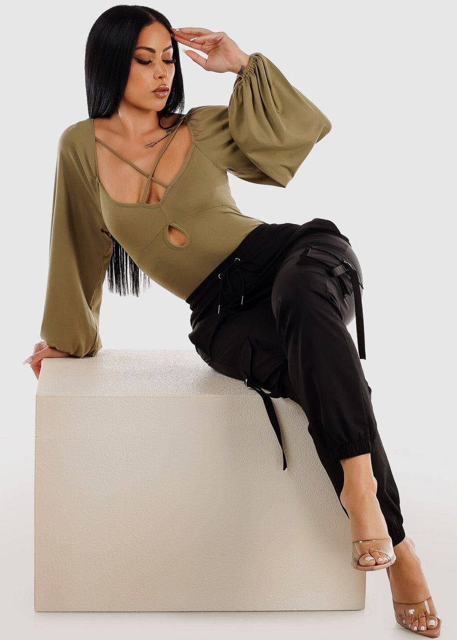 Black High Drawstring Waist Cargo Jogger Pants sold by Moda product image thumbnail 2