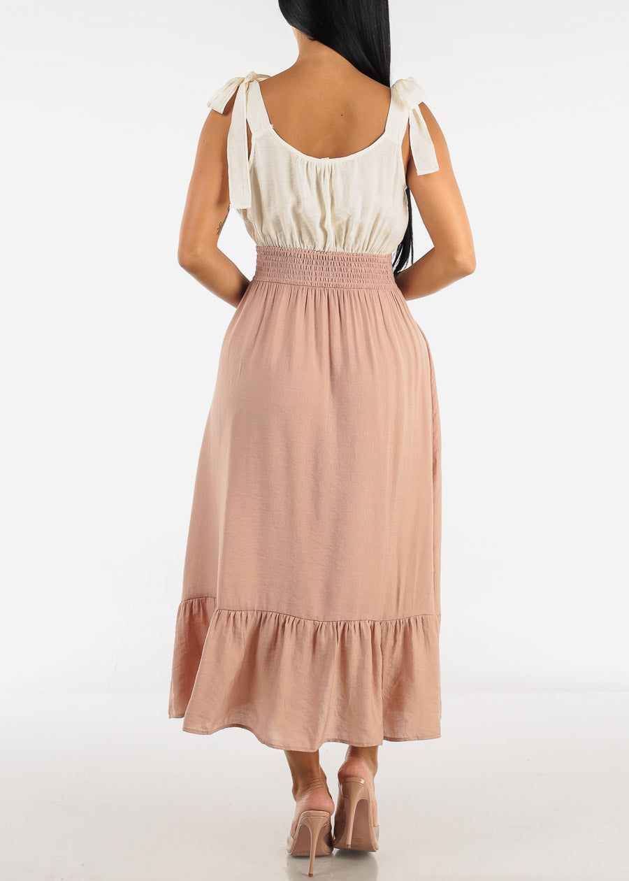 Sleeveless Smocked Waist Ruffled Midi Dress Taupe sold by Moda product image thumbnail 3