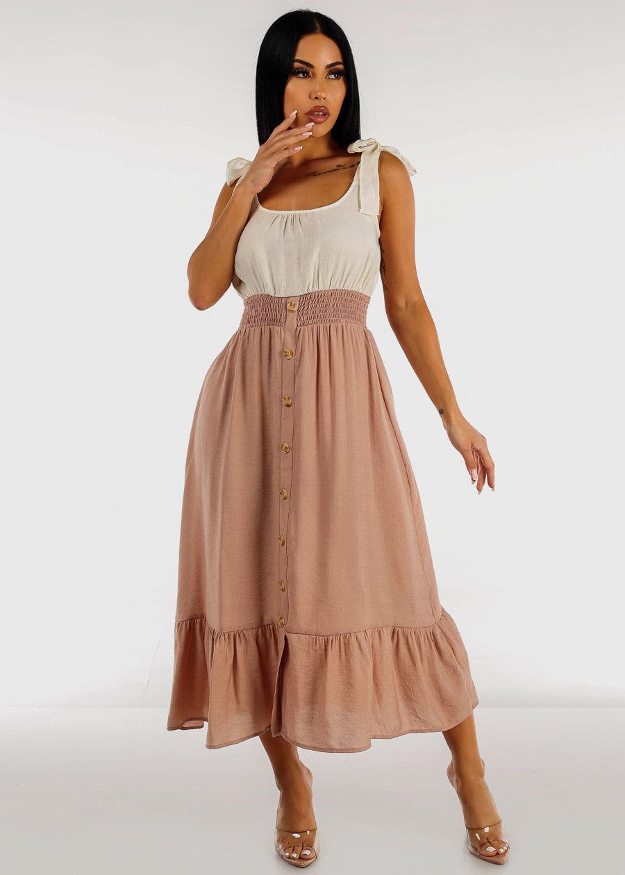 Sleeveless Smocked Waist Ruffled Midi Dress Taupe sold by Moda
