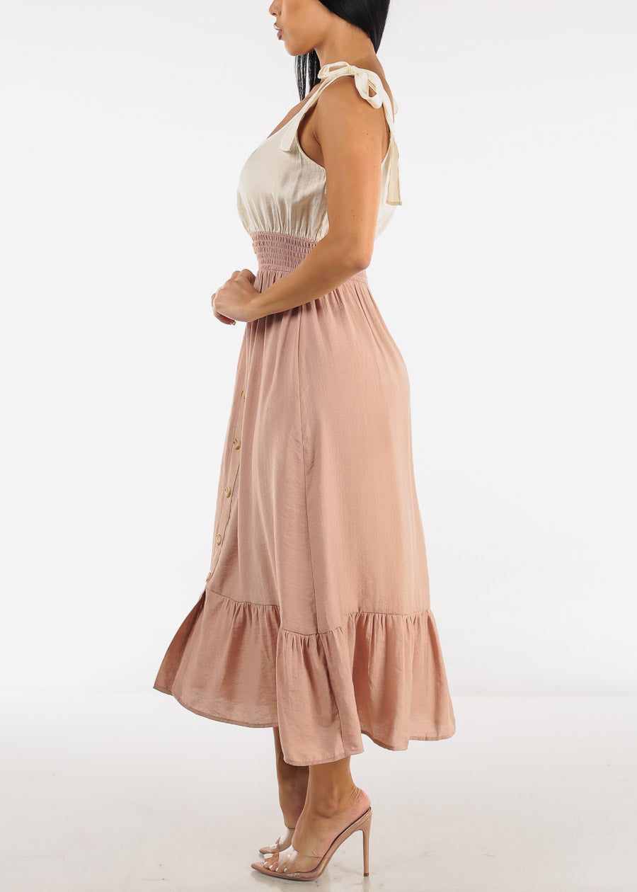 Sleeveless Smocked Waist Ruffled Midi Dress Taupe sold by Moda product image thumbnail 2