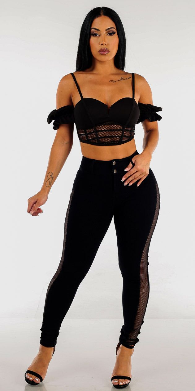 High Rise Black Fishnet Sides Skinny Pants with Black Corset Cold Shoulder Crop Top sold by Moda
