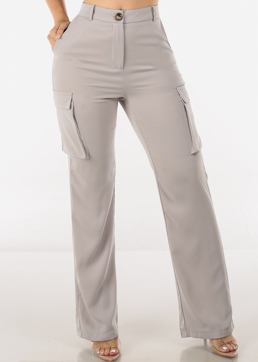 Super High Waist Straight Cargo Pants Grey sold by Moda