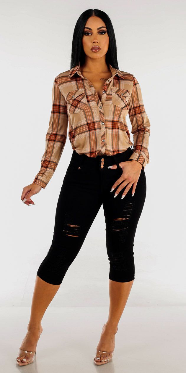 Black High Waist Butt Lifting Ripped Capris with Beige Button Up Plaid Shirt sold by Moda product image thumbnail 2