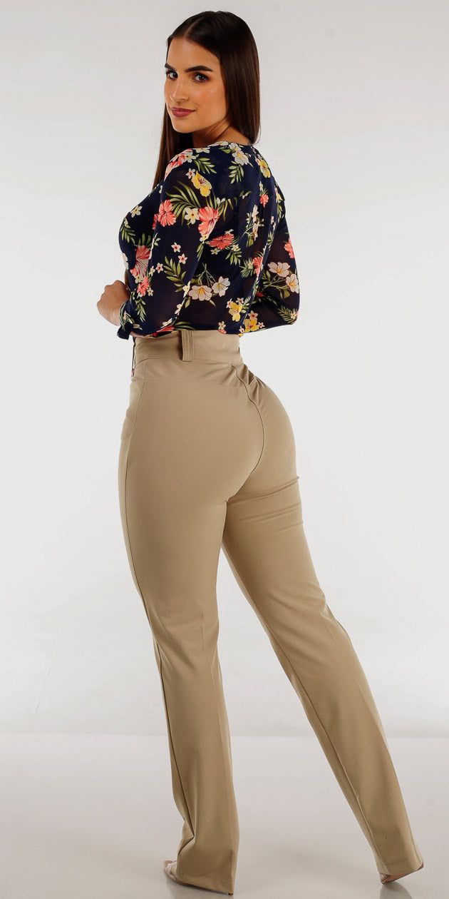 Super High Rise Khaki Dressy Bootcut Pants with Navy Half Button Up Floral Mesh Blouse sold by Moda product image thumbnail 2