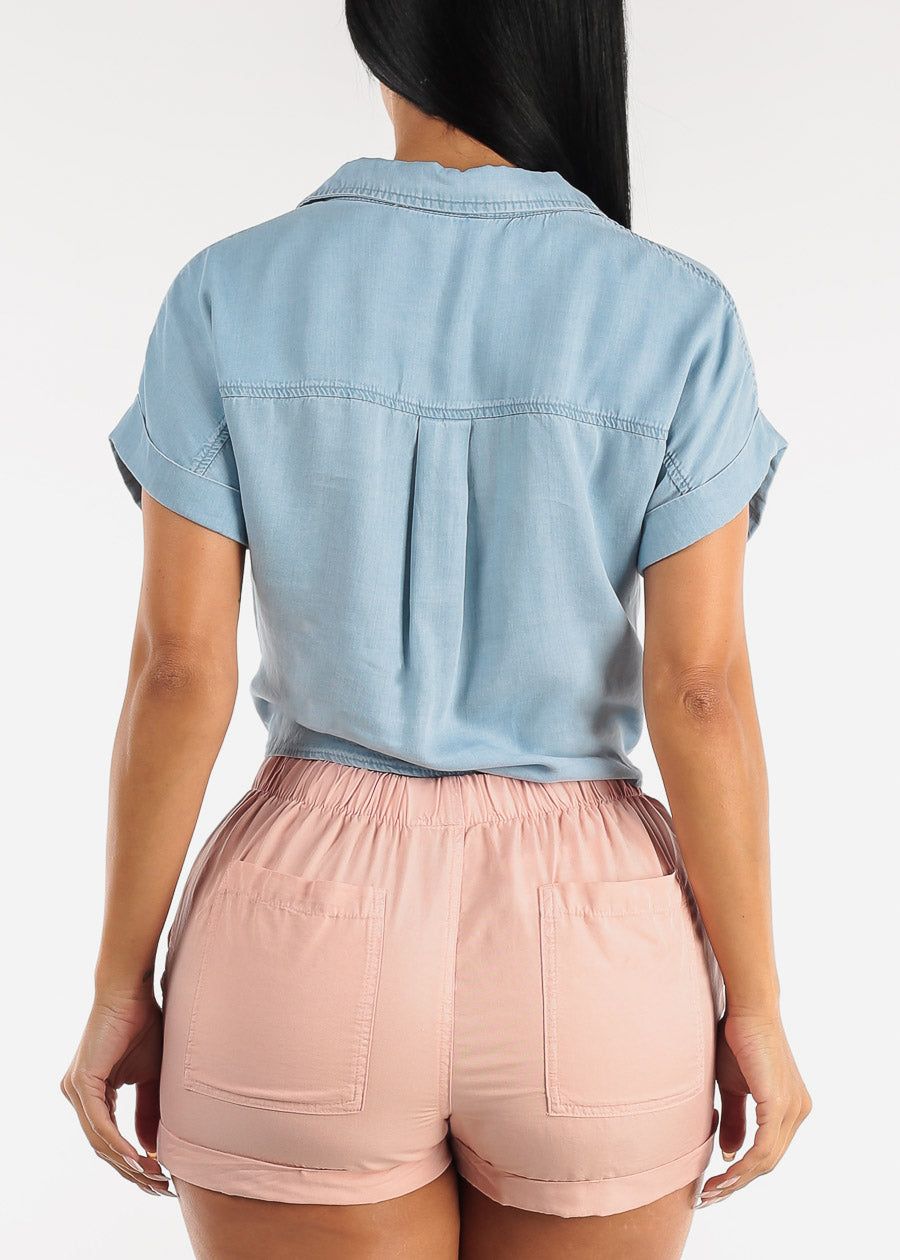 Tie Front Short Sleeve Button Up Denim Blouse Light Blue sold by Moda product image thumbnail 4