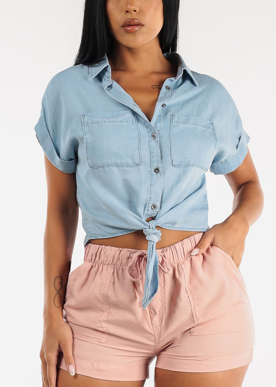 Tie Front Short Sleeve Button Up Denim Blouse Light Blue sold by Moda