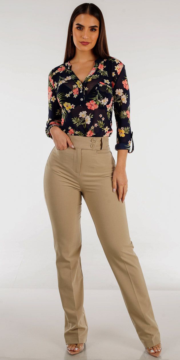 Super High Rise Khaki Dressy Bootcut Pants with Navy Half Button Up Floral Mesh Blouse sold by Moda