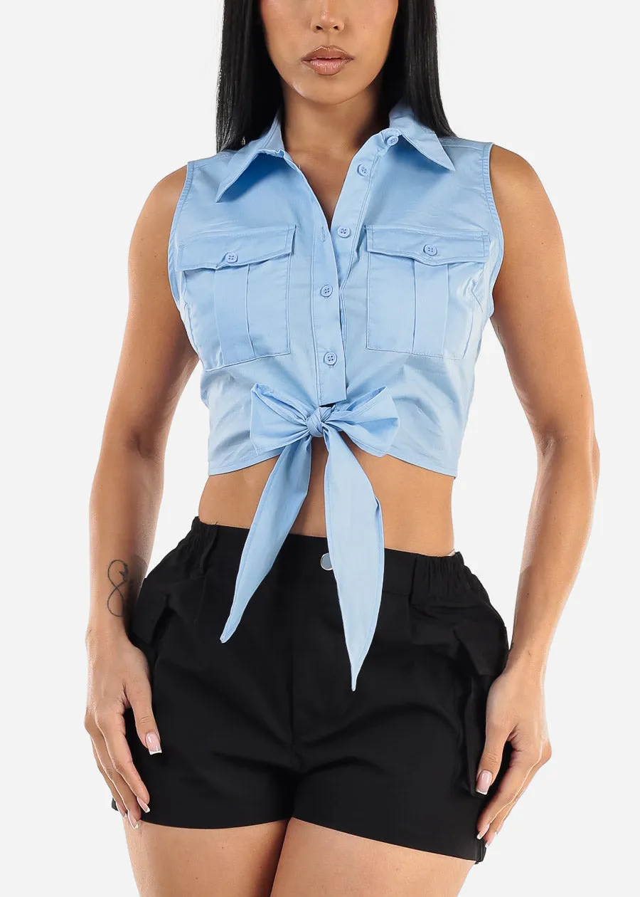 Sleeveless Front Tie Button Up Crop Top Blue sold by Moda product image thumbnail 3