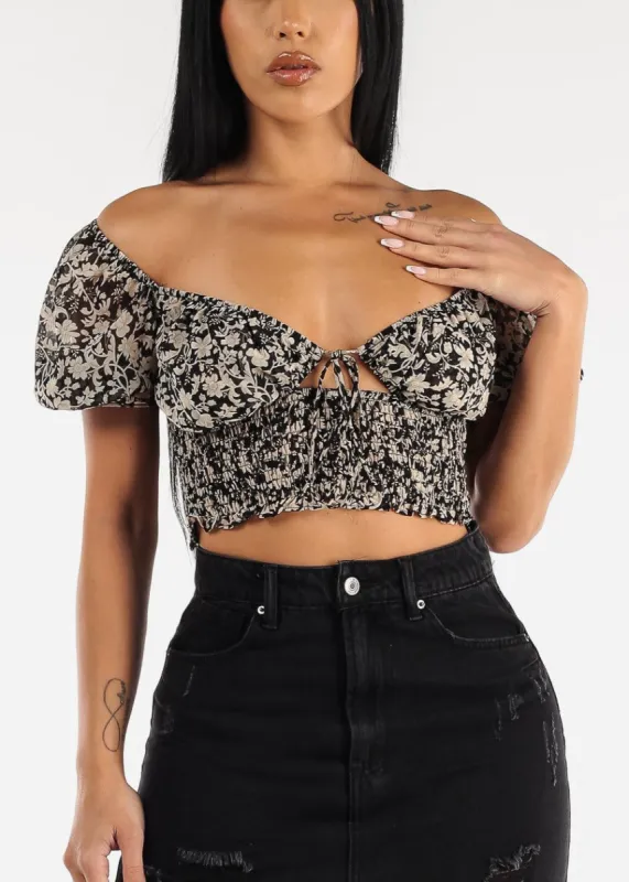 Off Shoulder Floral Tie Front Smocked Crop Top Black sold by Moda