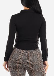 Black Long Sleeve Button Down Ruched Collared Blouse sold by Moda