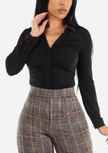 Black Long Sleeve Button Down Ruched Collared Blouse sold by Moda