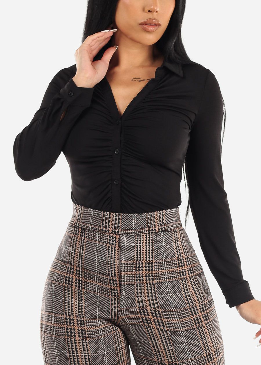 Black Long Sleeve Button Down Ruched Collared Blouse sold by Moda product image thumbnail 3