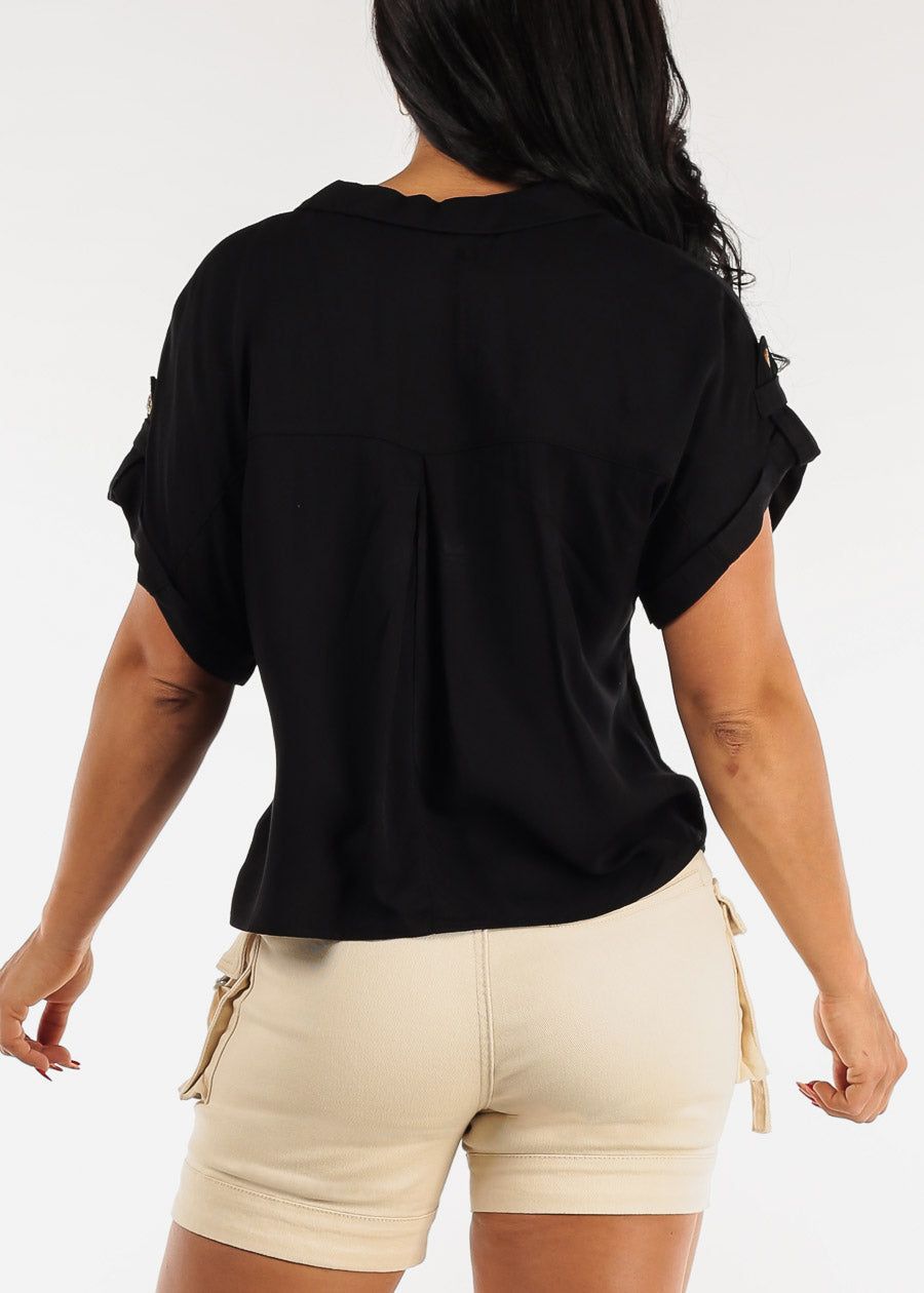Button Up Short Sleeve Cropped Rayon Shirt Black sold by Moda product image thumbnail 4