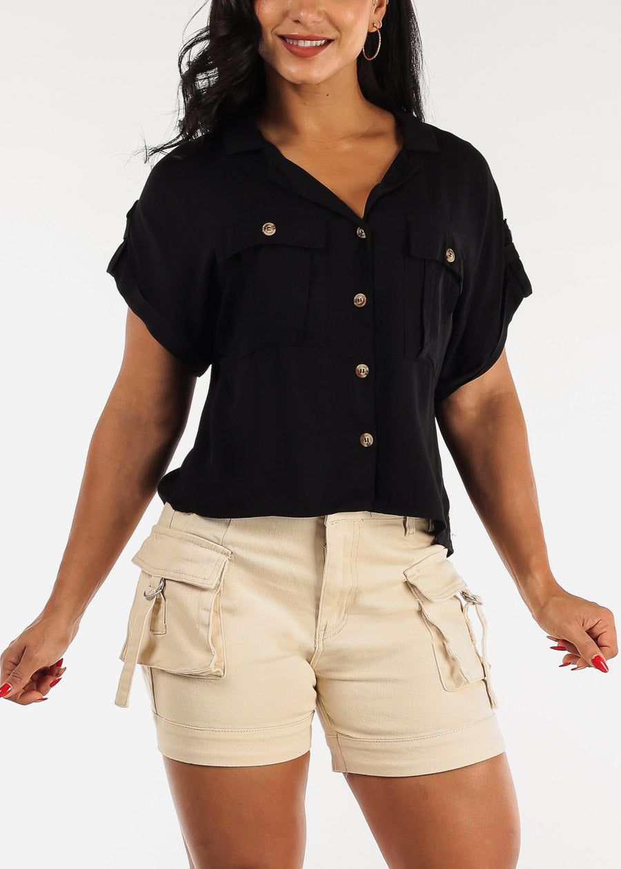 Button Up Short Sleeve Cropped Rayon Shirt Black sold by Moda