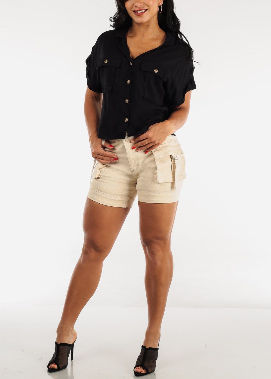 Button Up Short Sleeve Cropped Rayon Shirt Black sold by Moda product image thumbnail 2