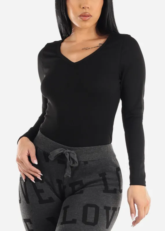 Black Basic V-neck Long Sleeve Fitted Top sold by Moda