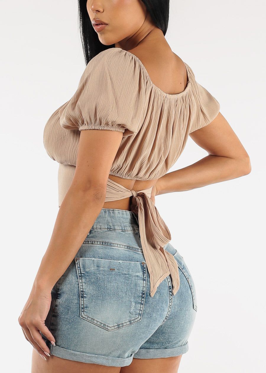 Short Puff Sleeve Self Tie Peasant Crop Top Beige sold by Moda