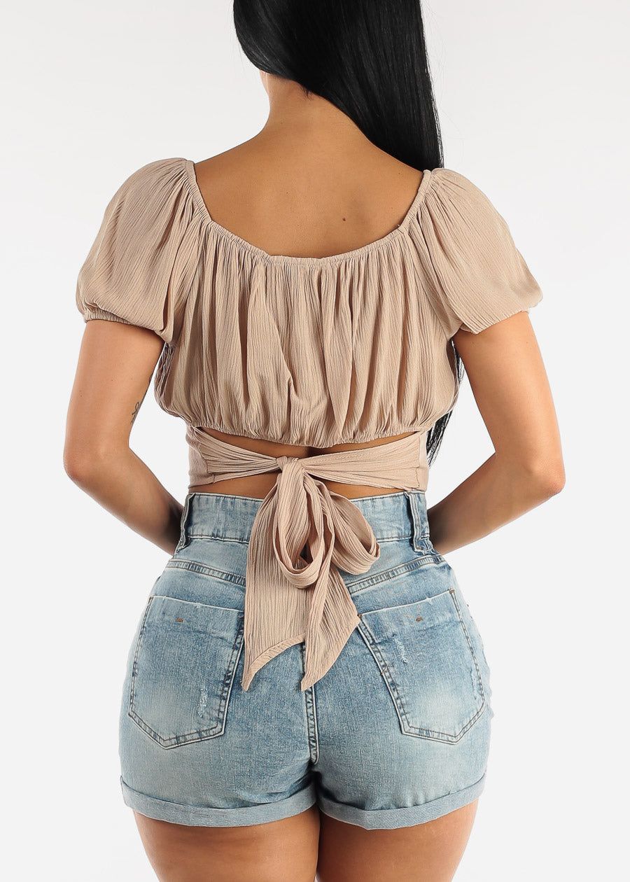 Short Puff Sleeve Self Tie Peasant Crop Top Beige sold by Moda product image thumbnail 5