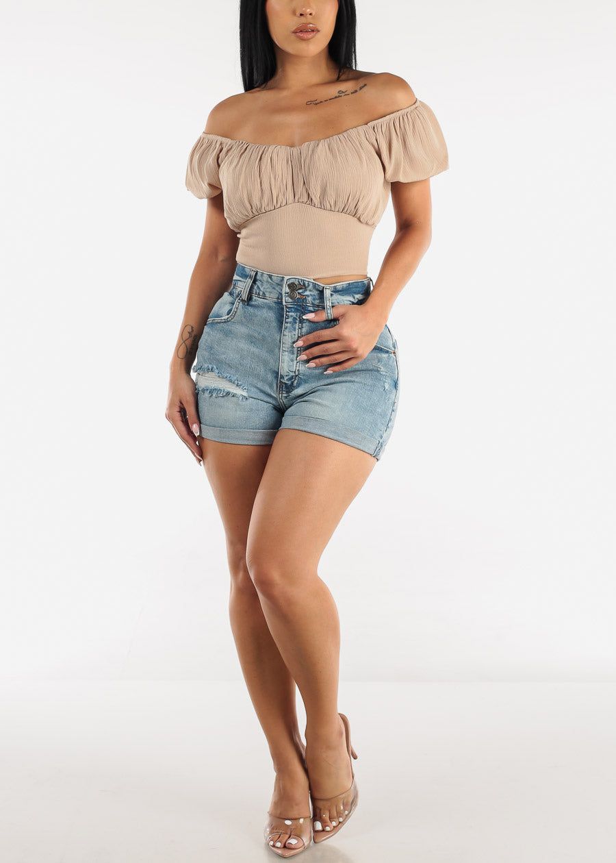 Short Puff Sleeve Self Tie Peasant Crop Top Beige sold by Moda product image thumbnail 2