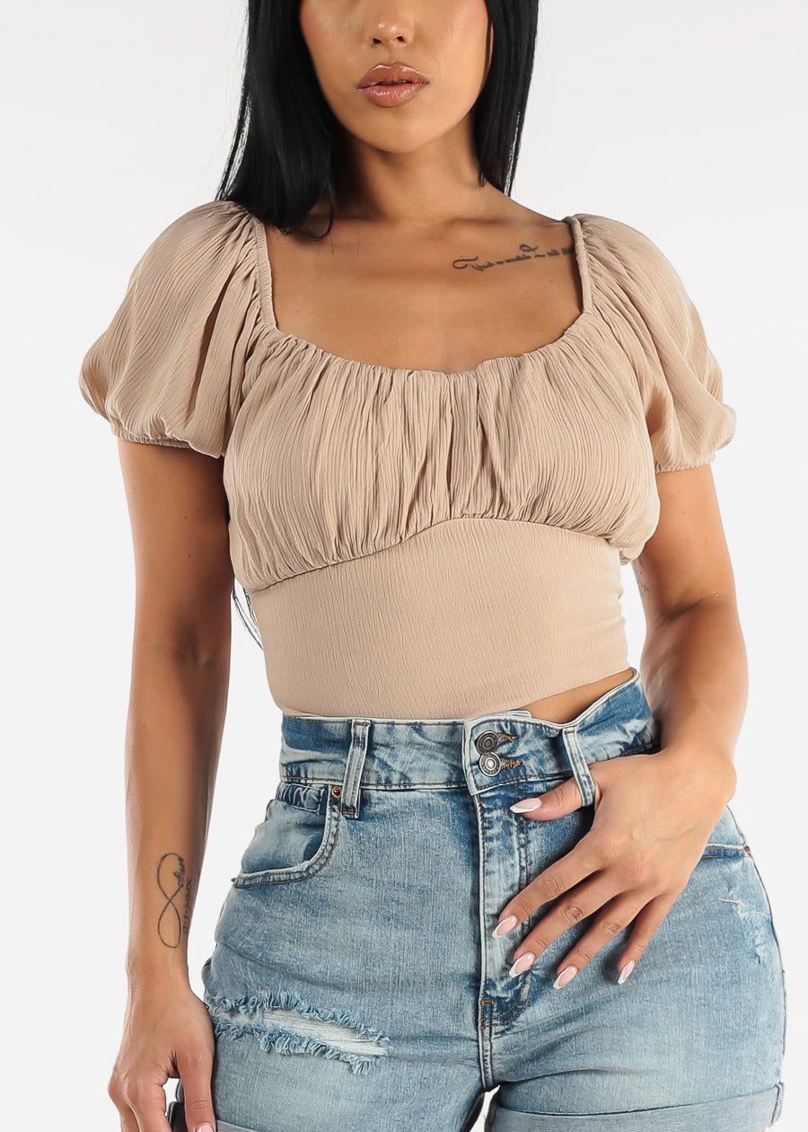 Short Puff Sleeve Self Tie Peasant Crop Top Beige sold by Moda product image thumbnail 3