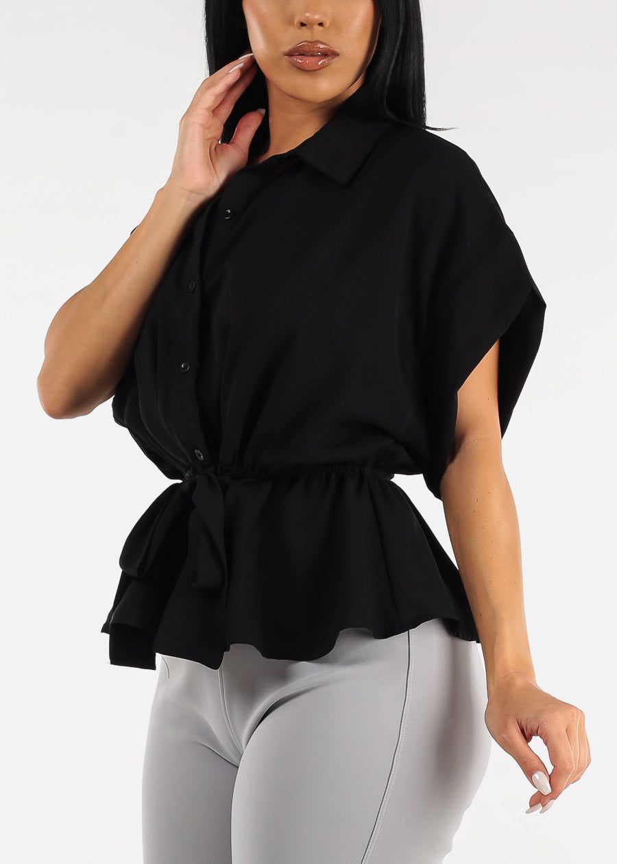 Short Sleeve Button Up Peplum Blouse sold by Moda