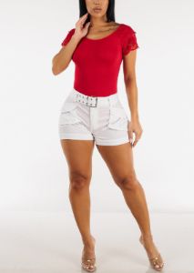High Waisted White Utility Cargo Shorts w Belt sold by Moda