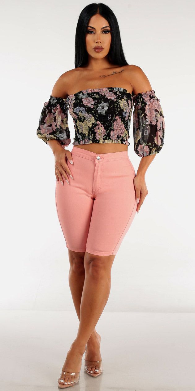 High Waisted Hyper Stretch Mauve Bermuda Shorts with Off Shoulder Floral Crop Top sold by Moda