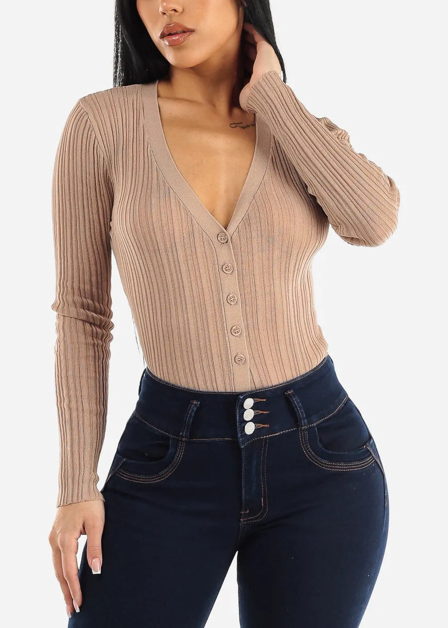 Long Sleeve Button Down Sheer Knit Cardigan Light Khaki sold by Moda product image thumbnail 3