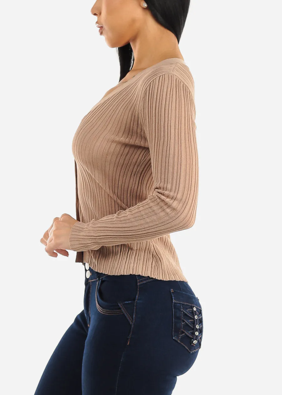 Long Sleeve Button Down Sheer Knit Cardigan Light Khaki sold by Moda product image thumbnail 4