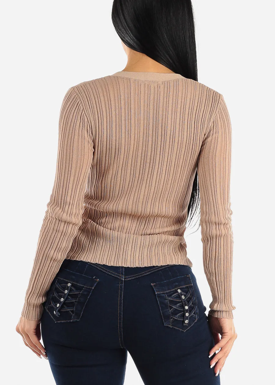 Long Sleeve Button Down Sheer Knit Cardigan Light Khaki sold by Moda product image thumbnail 5