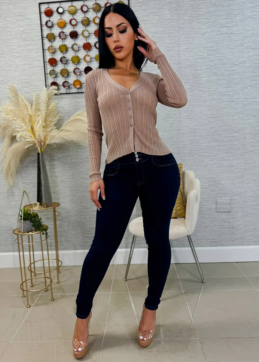 Long Sleeve Button Down Sheer Knit Cardigan Light Khaki sold by Moda product image thumbnail 2