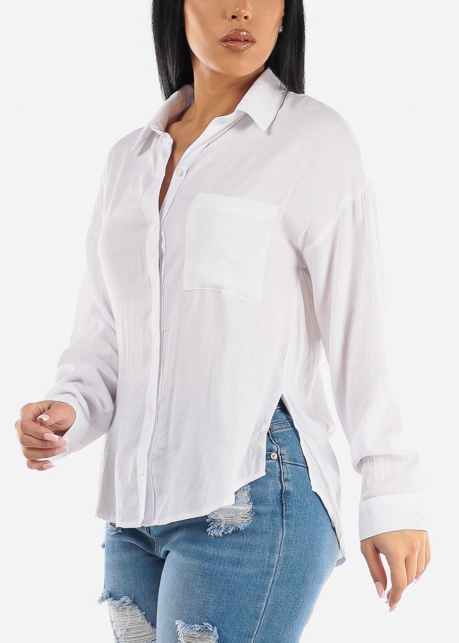 White Relaxed Fit Long Sleeve Collared Blouse sold by Moda