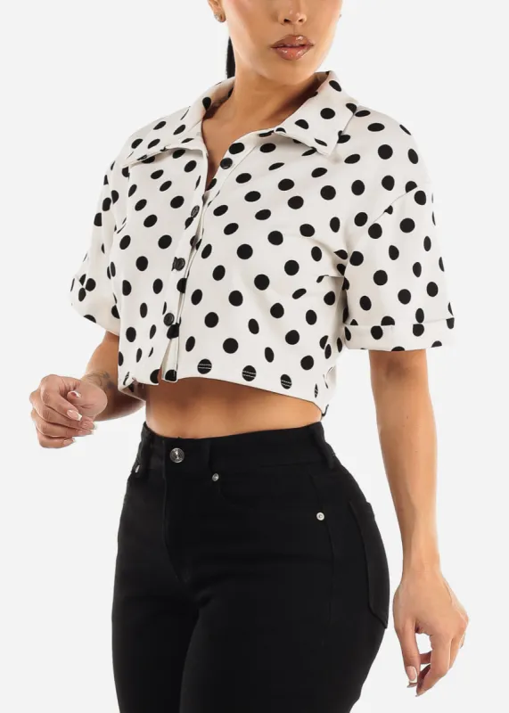 Short Sleeve Button Up Polka Dot Crop Top White sold by Moda