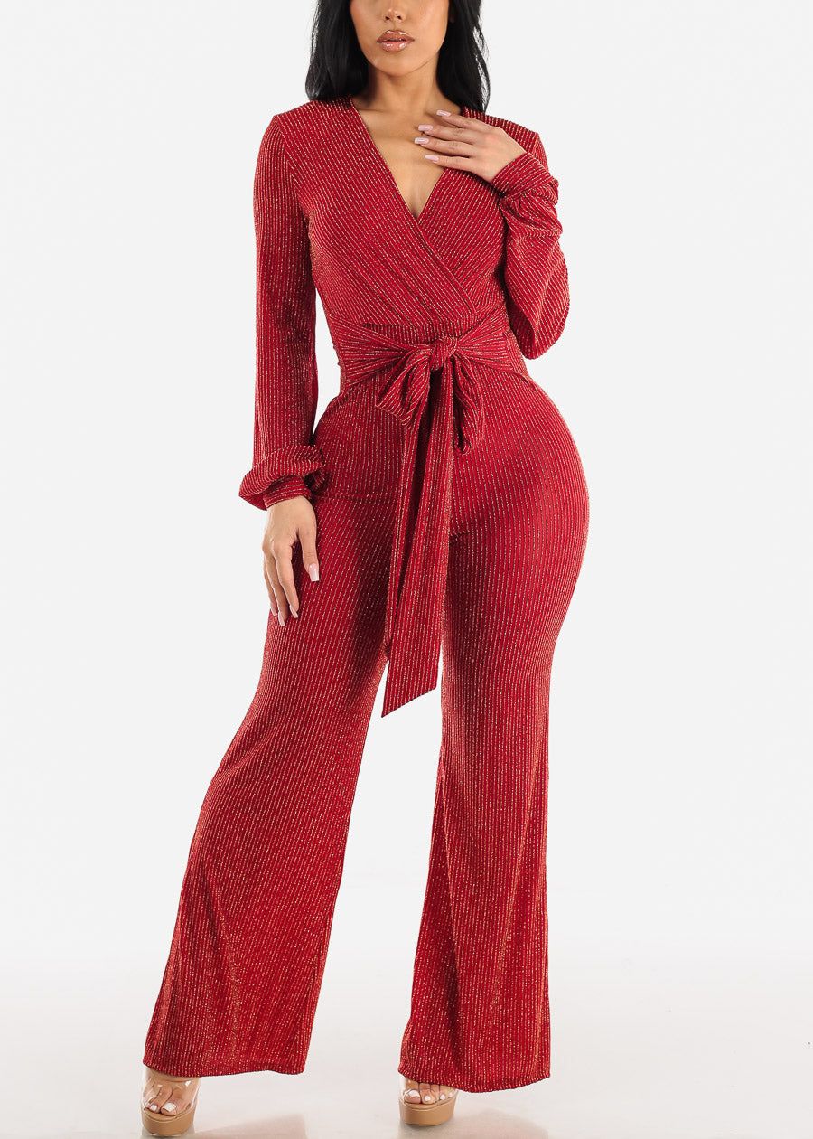 Shiny Red Long Sleeve Stretchy Jumpsuit w Belt sold by Moda product image thumbnail 5