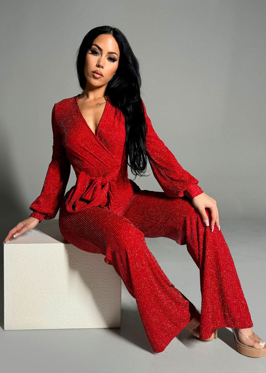 Shiny Red Long Sleeve Stretchy Jumpsuit w Belt sold by Moda