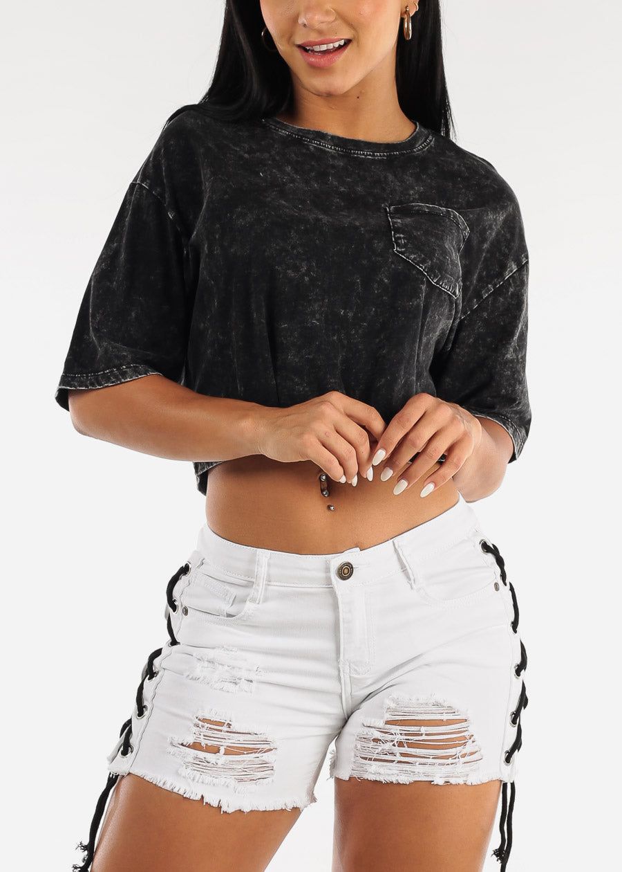 Loose Short Sleeve Black Mineral Wash Cropped Tee sold by Moda